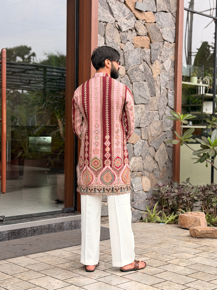 PEACH DARBAR POSITION EMBROIDERED SHORT KURTA