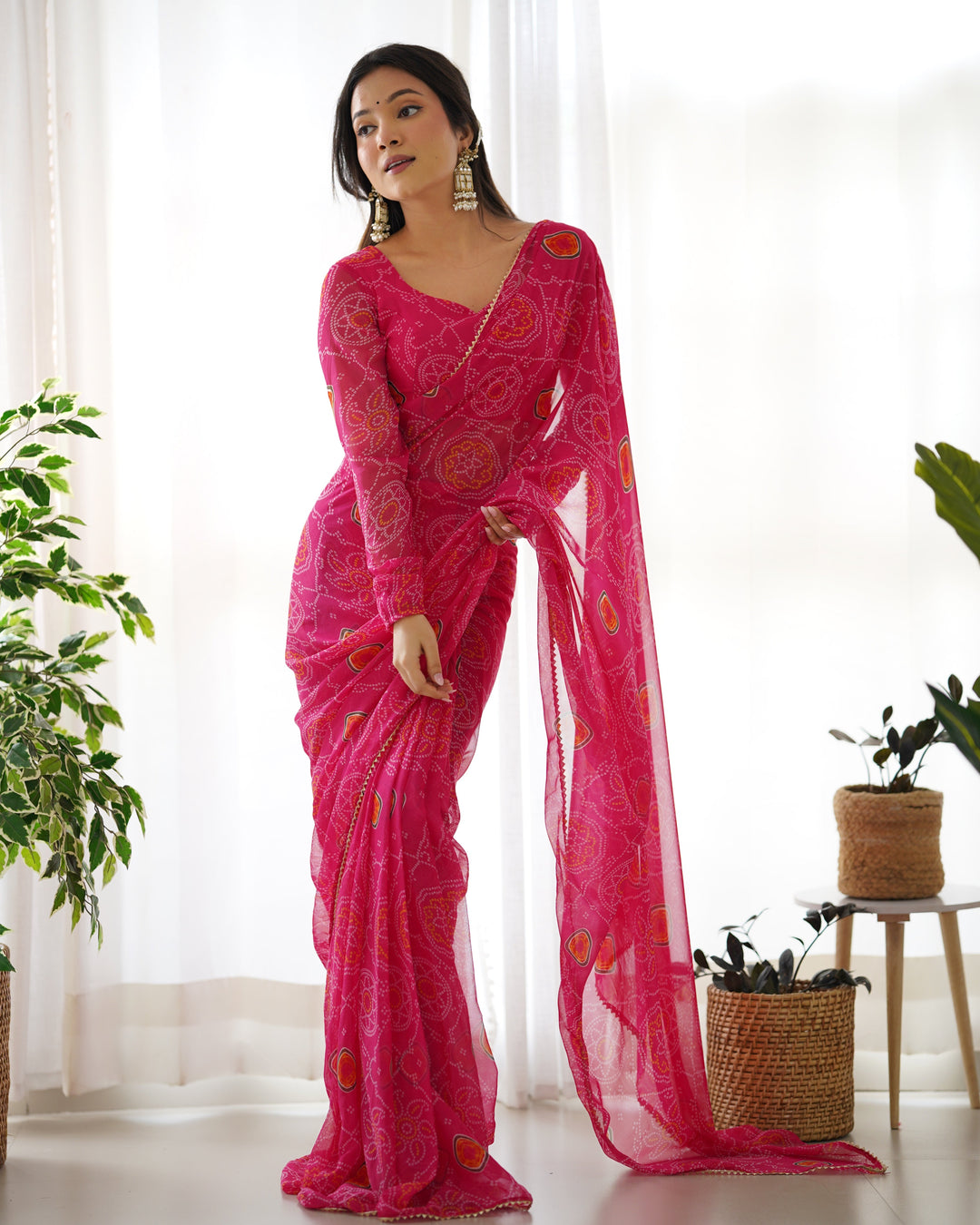 1-Min Ready To Wear Pink Bandhej Print Saree