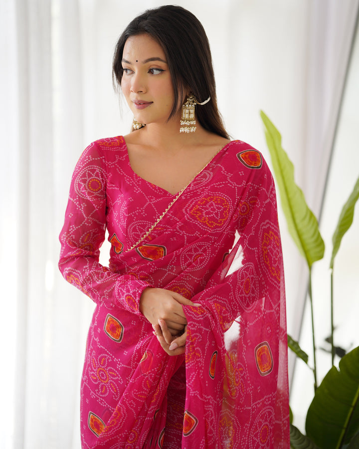 1-Min Ready To Wear Pink Bandhej Print Saree