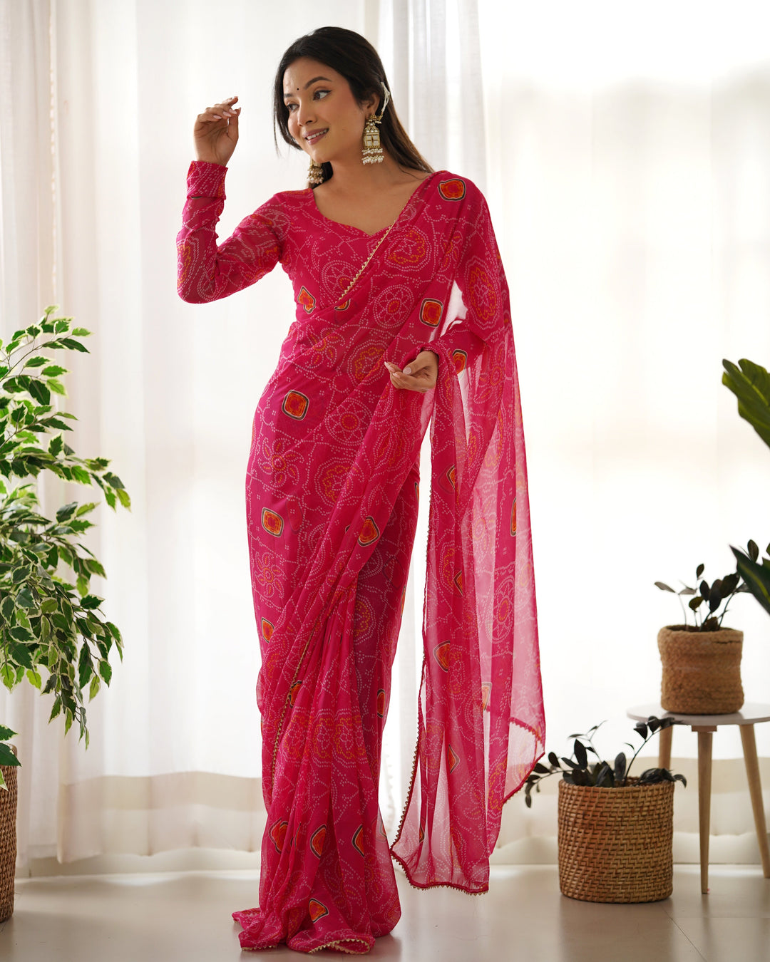 1-Min Ready To Wear Pink Bandhej Print Saree