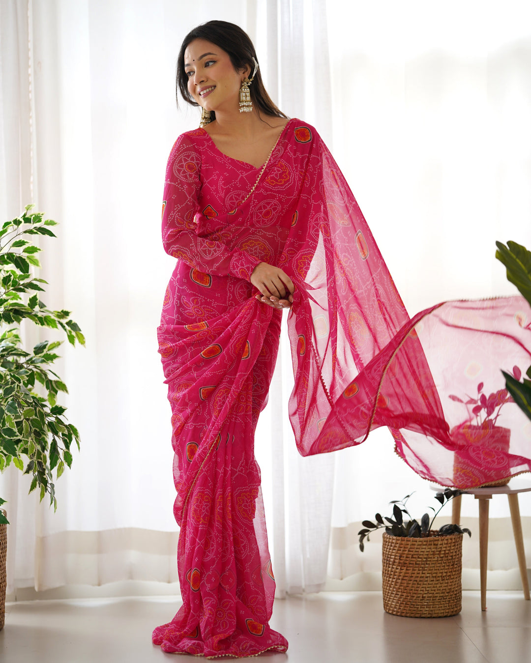1-Min Ready To Wear Pink Bandhej Print Saree