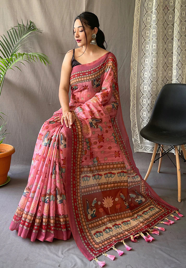 1 MIN Ready To Wear Kadambari Cotton Kalamkari Printed Saree Pink