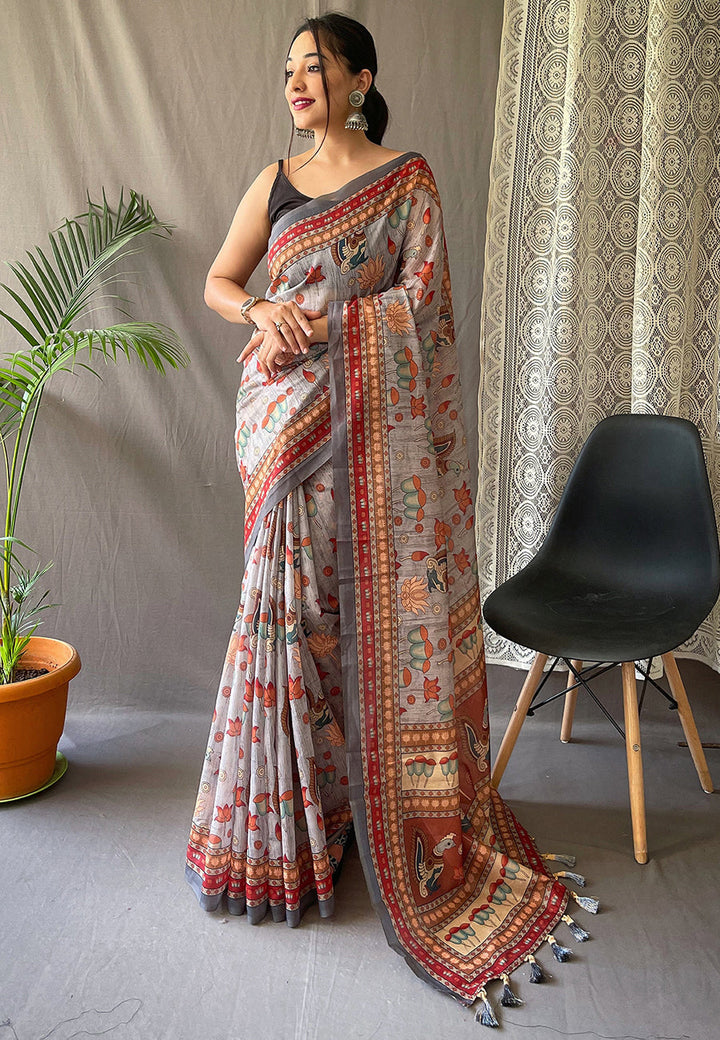 1 MIN Ready To Wear Kadambari Cotton Kalamkari Printed Saree Ash Grey