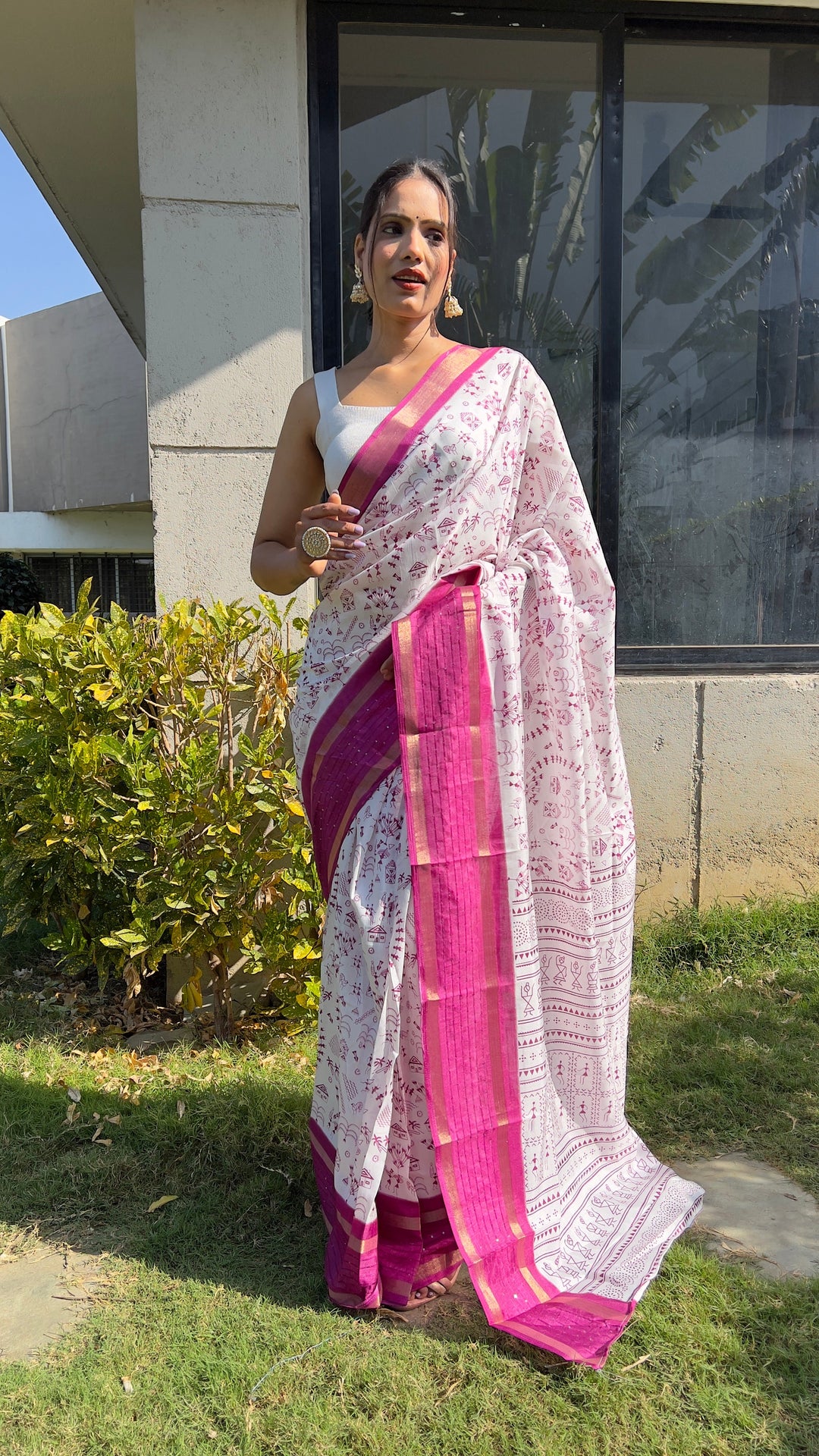 1 MIN Ready To Wear Pink White Kalamkari Saree