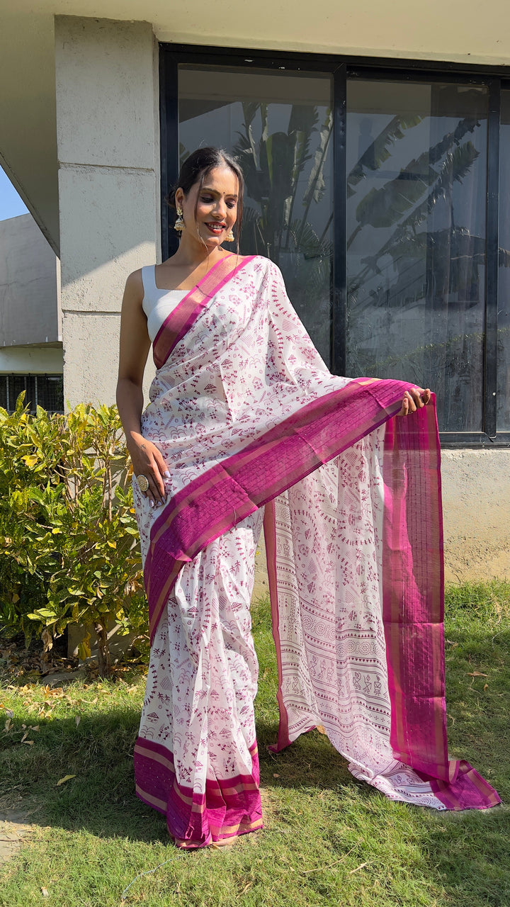 1 MIN Ready To Wear Pink White Kalamkari Saree