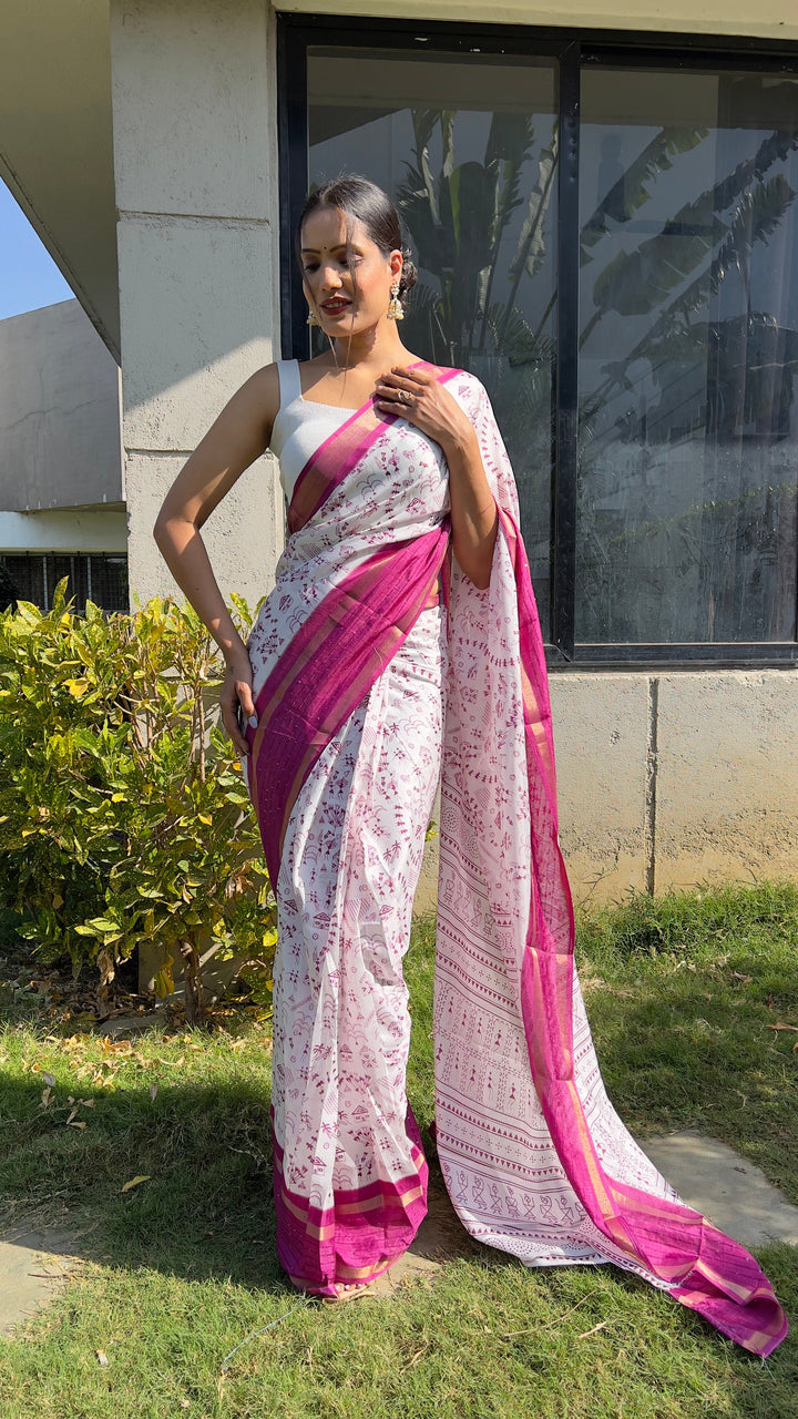 1 MIN Ready To Wear Pink White Kalamkari Saree