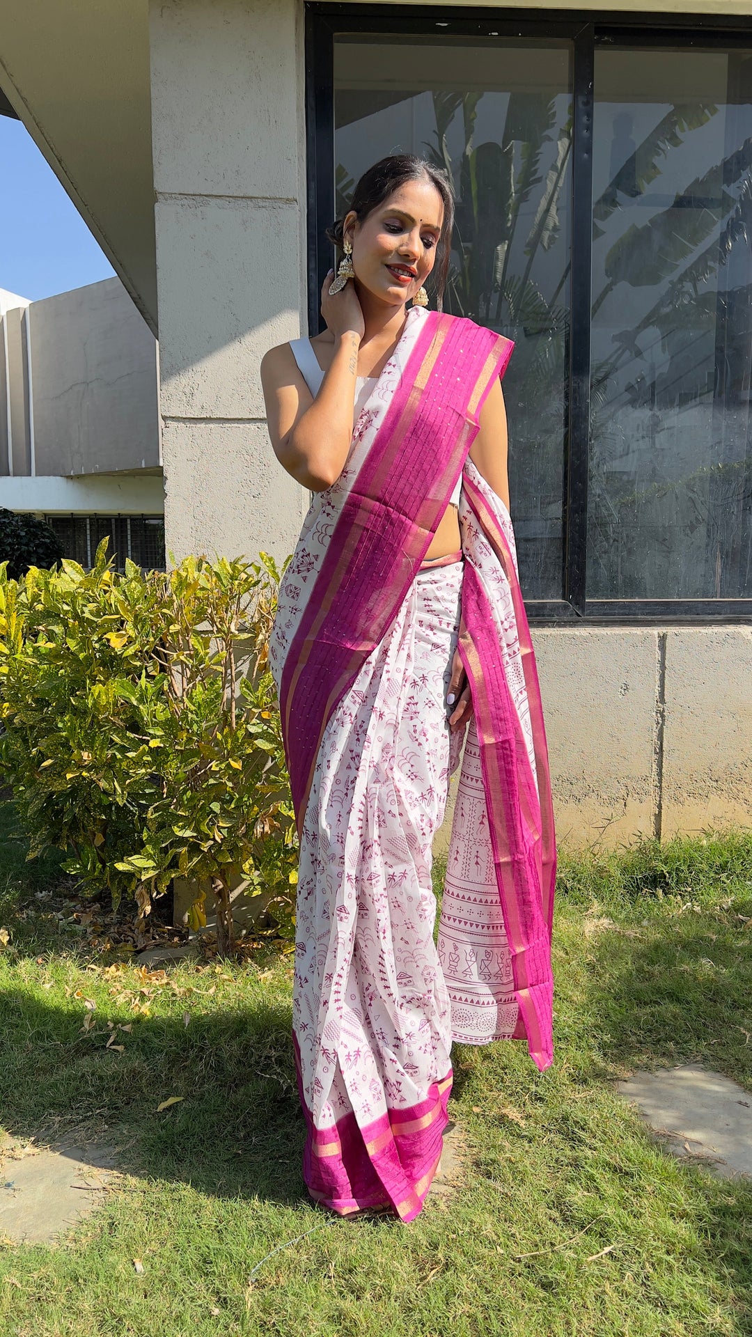 1 MIN Ready To Wear Pink White Kalamkari Saree