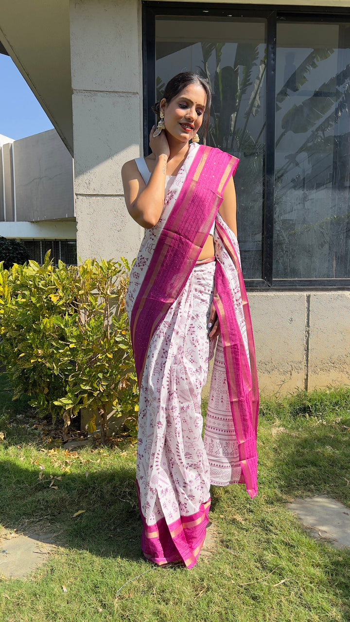 1 MIN Ready To Wear Pink White Kalamkari Saree