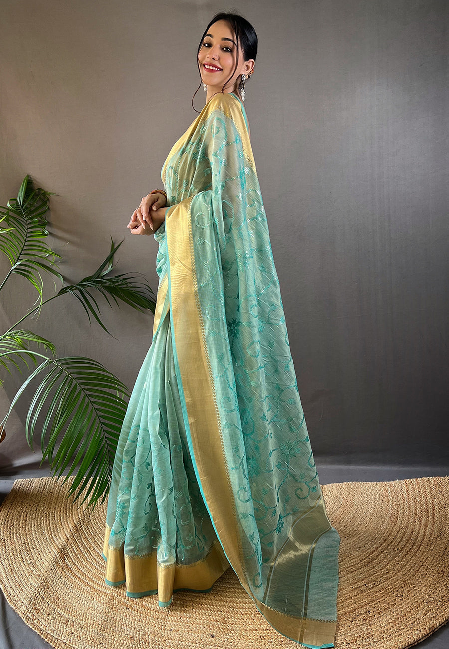 Blue Hazel Tissue Silk Sequins Embroidered Designer Saree