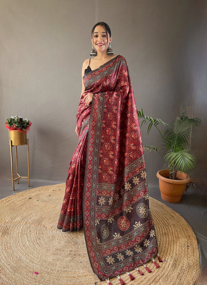 Crimson Red Kalamkari printed Saree