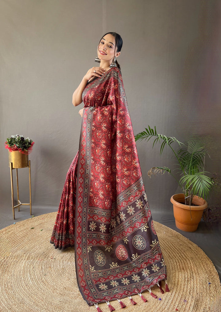 Crimson Red Kalamkari printed Saree