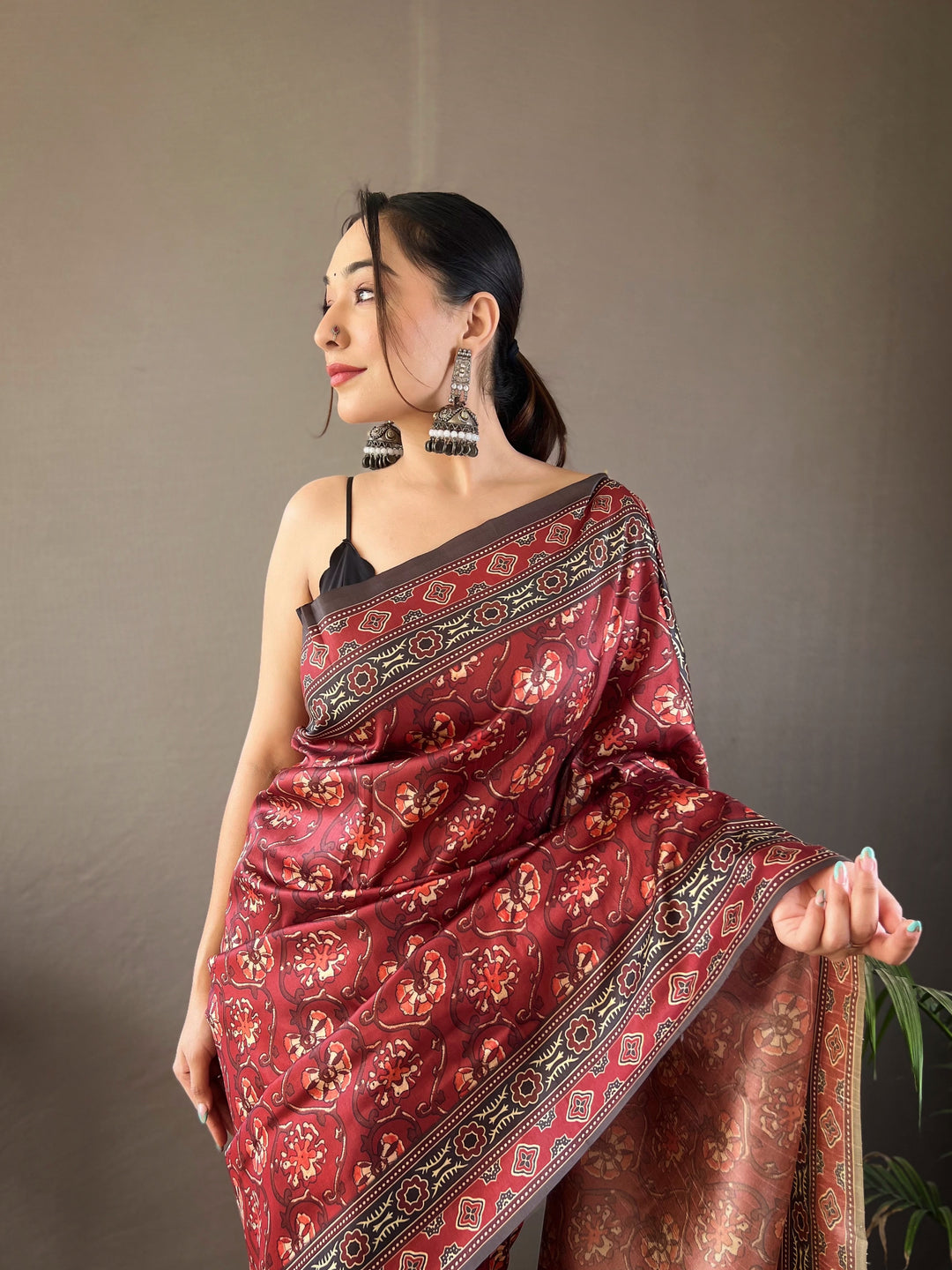 Crimson Red Kalamkari printed Saree