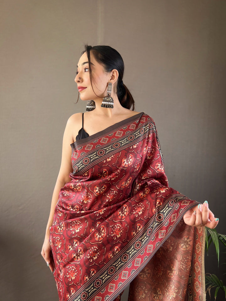 Crimson Red Kalamkari printed Saree