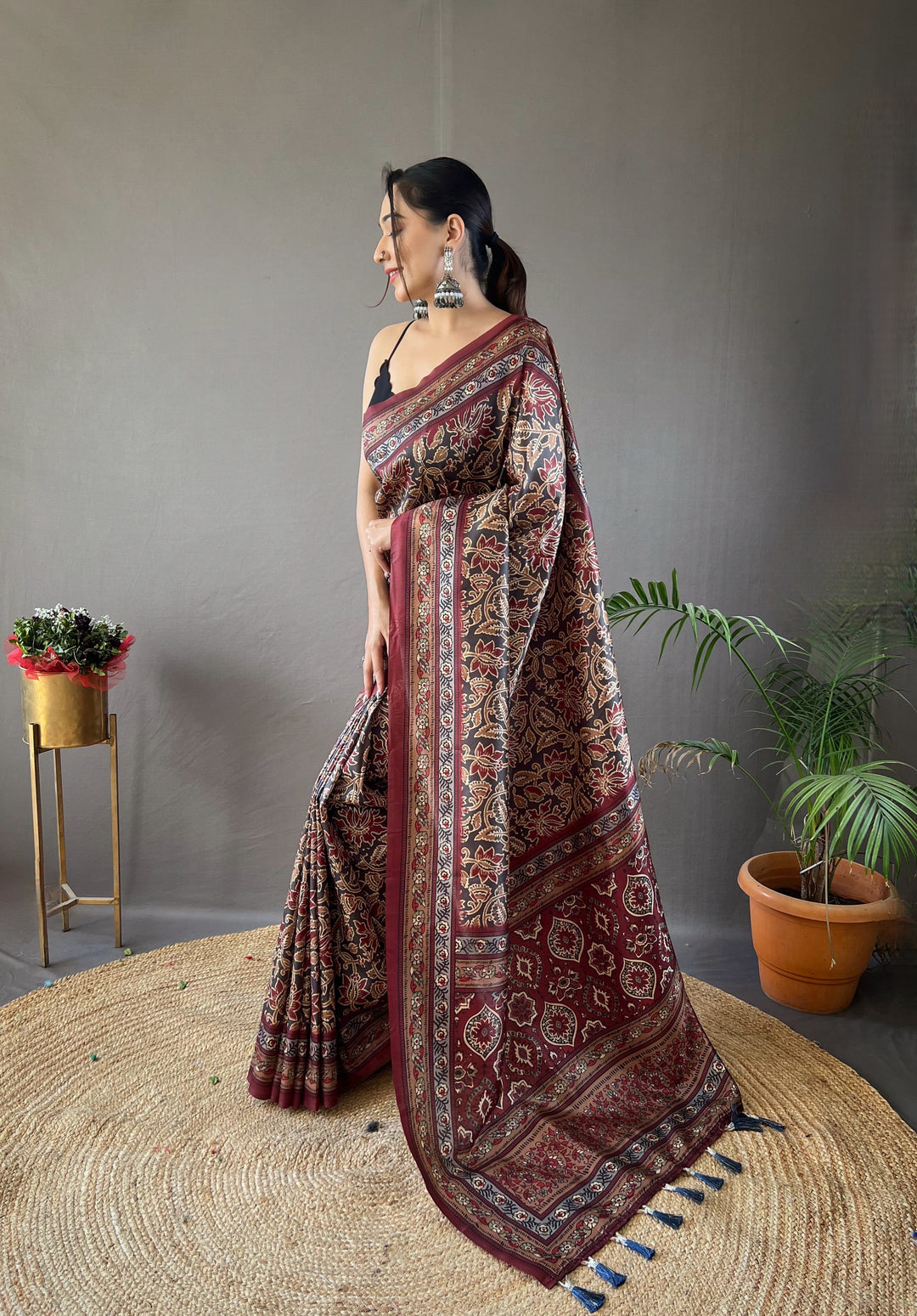 Black Krishna Ajrakh printed saree