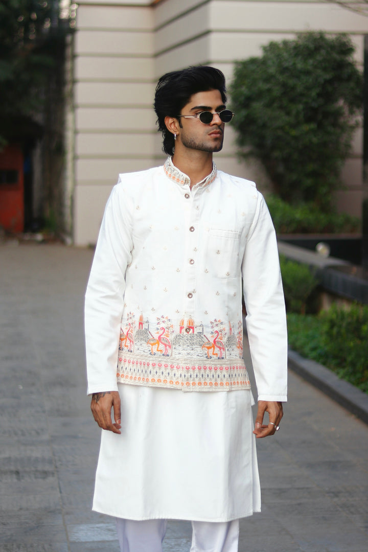 KOTI KURTA - WHITE FLAMINGO PATTERN JACQUARD KOTI KURTA SET