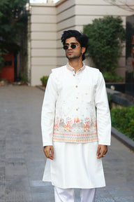 KOTI KURTA - WHITE FLAMINGO PATTERN JACQUARD KOTI KURTA SET