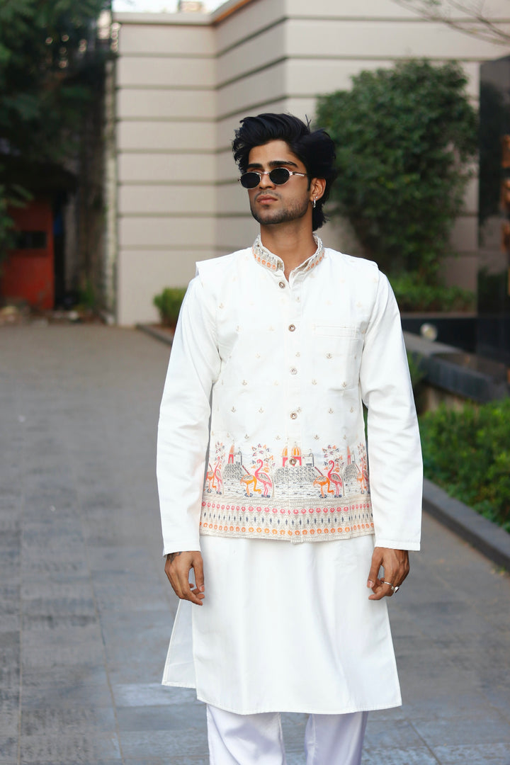 KOTI KURTA - WHITE FLAMINGO PATTERN JACQUARD KOTI KURTA SET