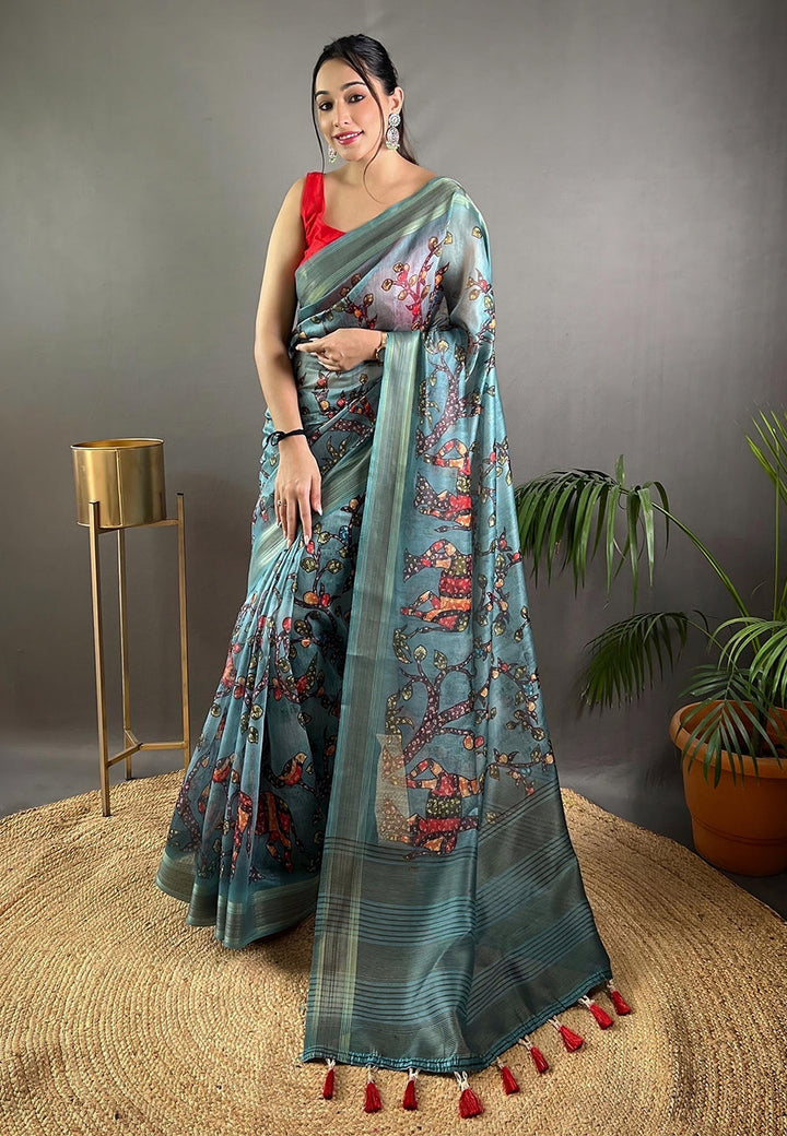 Blue Moksha Cotton Silk Kalamkari Printed Saree