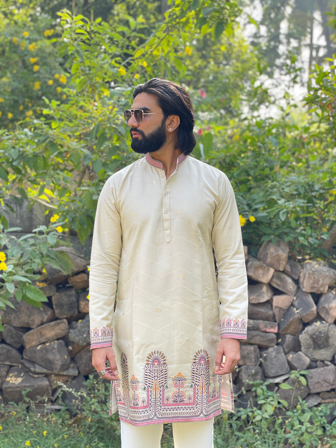 KHAKI PALM MINARA JACQUARD DESIGNER KURTA