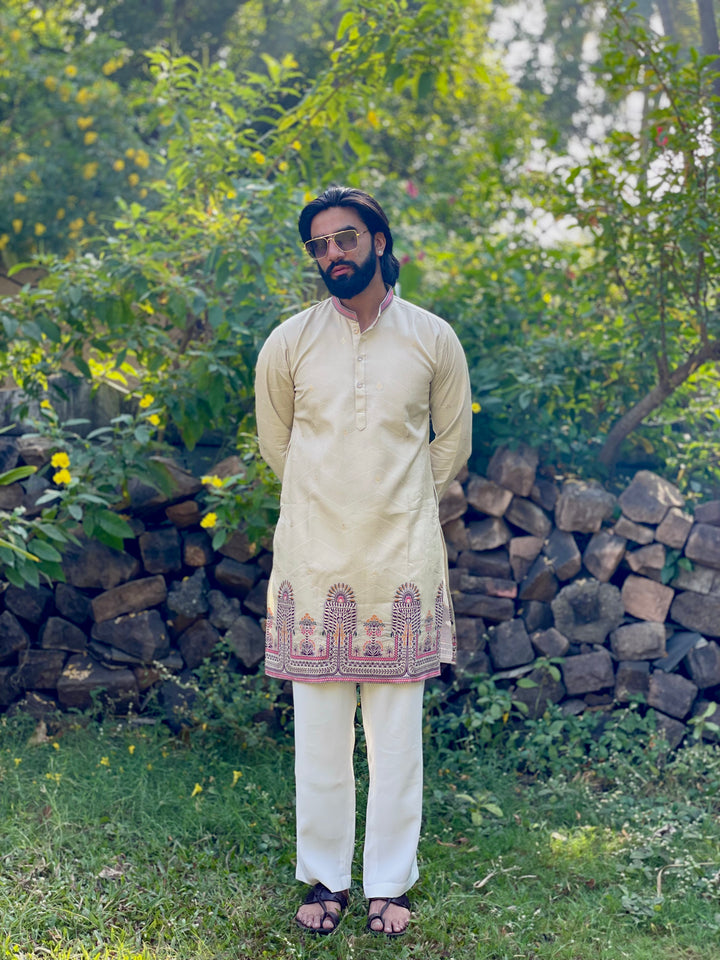 KHAKI PALM MINARA JACQUARD DESIGNER KURTA