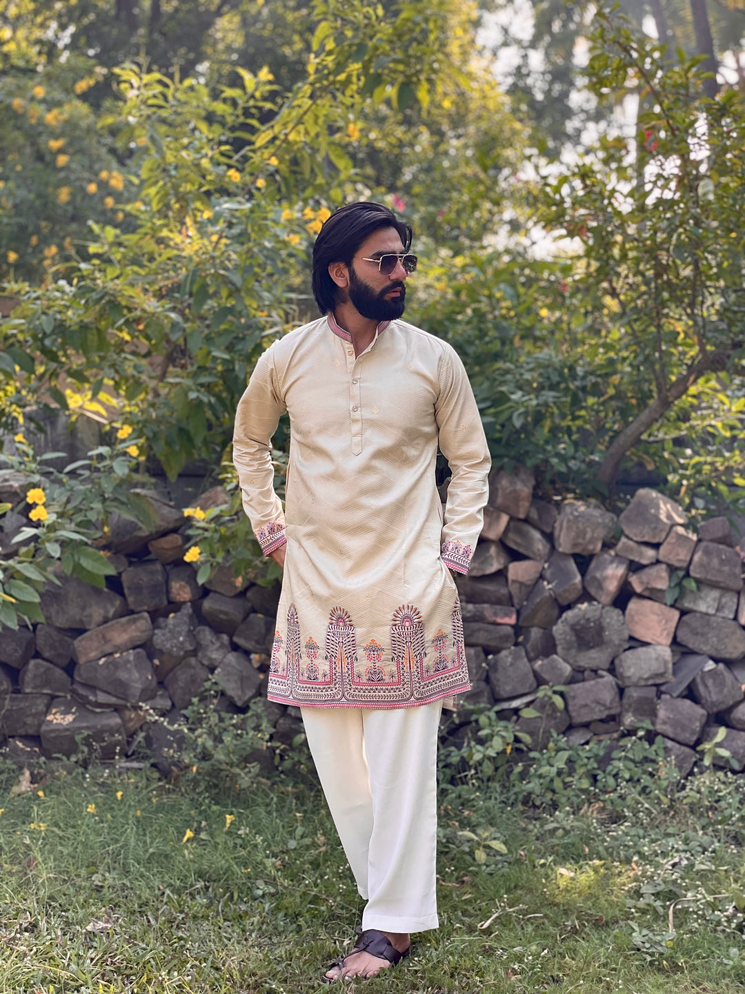 KHAKI PALM MINARA JACQUARD DESIGNER KURTA