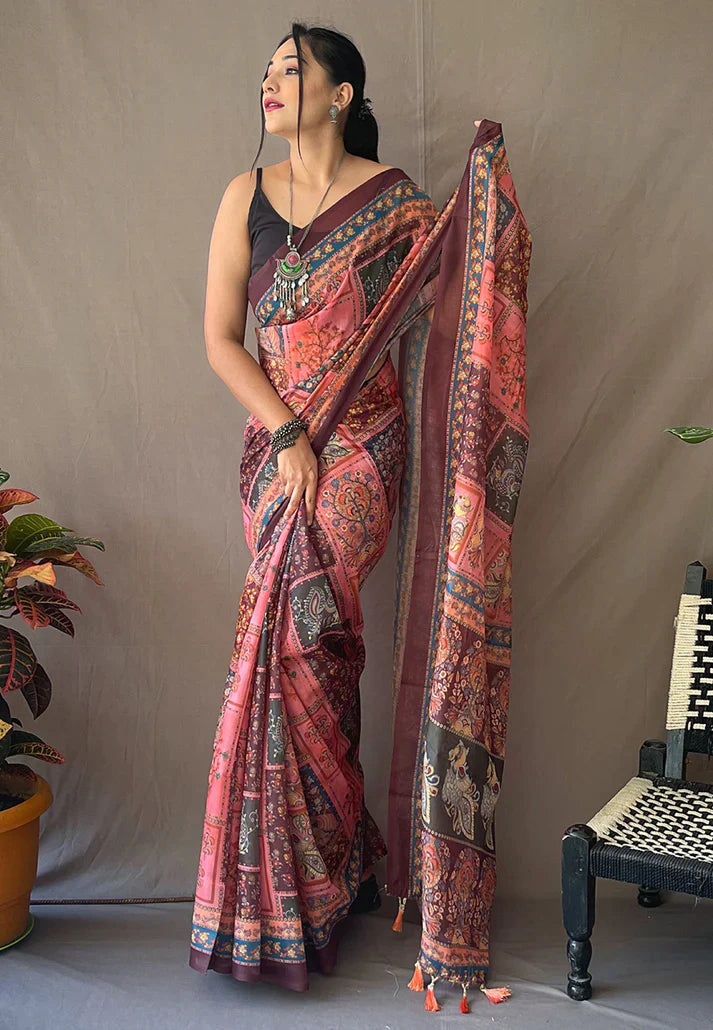 1 MIN Ready To Wear Cotton Kalamkari Printed Saree Deep Pink -Square