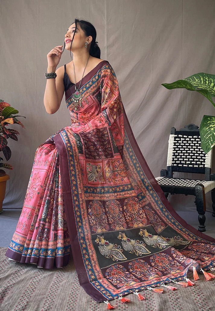 1 MIN Ready To Wear Cotton Kalamkari Printed Saree Deep Pink -Square