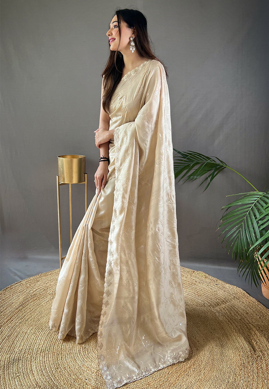 1 Min Ready to Wear Ivory Falak Matka Silk Embroidered Sequins Designer Saree- PREMIUM