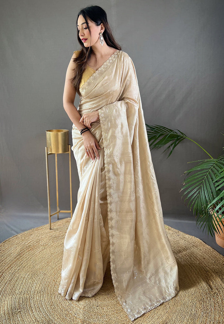 1 Min Ready to Wear Ivory Falak Matka Silk Embroidered Sequins Designer Saree- PREMIUM