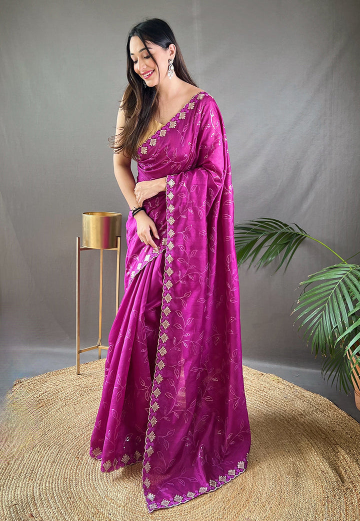 1 Min Ready to Wear Pansy Purple Falak Matka Silk Embroidered Sequins Designer Saree- PREMIUM