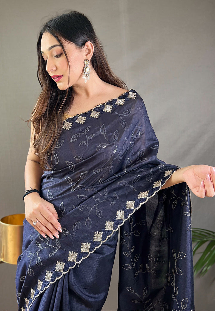 1 min Ready To Wear Bluish Grey Falak Matka Silk Embroidered Sequins Designer Saree- PREMIUM