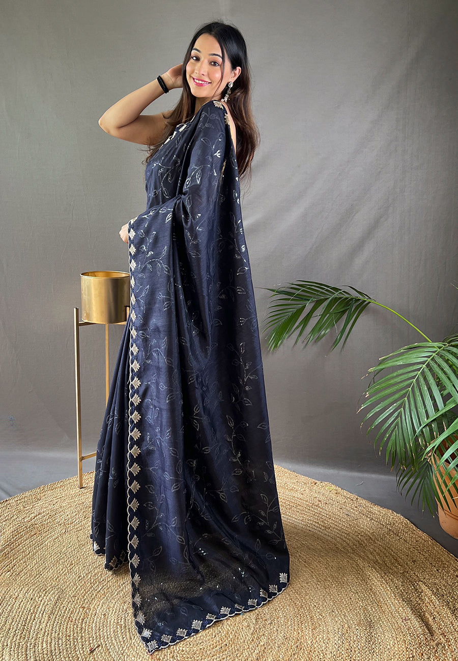 1 min Ready To Wear Bluish Grey Falak Matka Silk Embroidered Sequins Designer Saree- PREMIUM