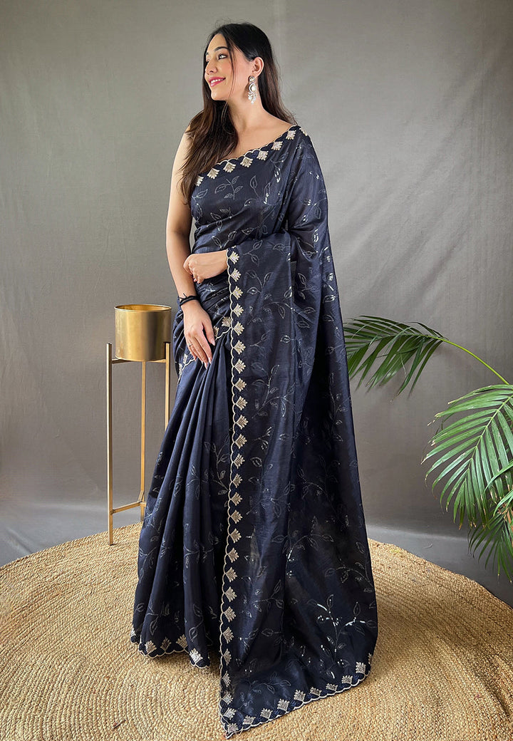 1 min Ready To Wear Bluish Grey Falak Matka Silk Embroidered Sequins Designer Saree- PREMIUM