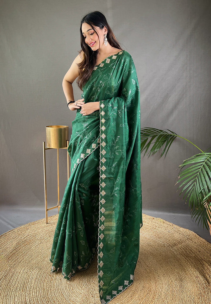 1 MIN Ready to wear Mineral Green Falak Matka Silk Embroidered Sequins Designer Saree- PREMIUM