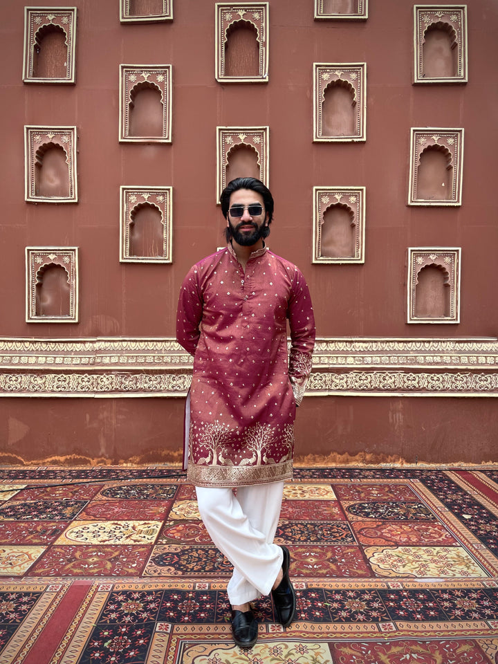 WINE SUVARN MAYUR EMROIDERED EXCLUSIVE KURTA