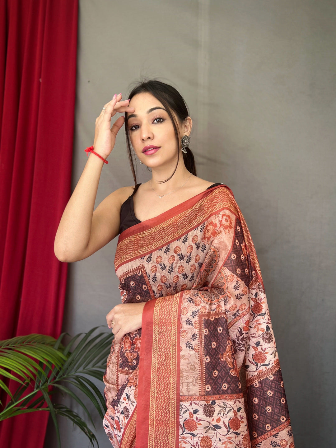 One Minute Ready to Wear Light Brown Ajrakh Carpet Silk Cotton Printed Saree