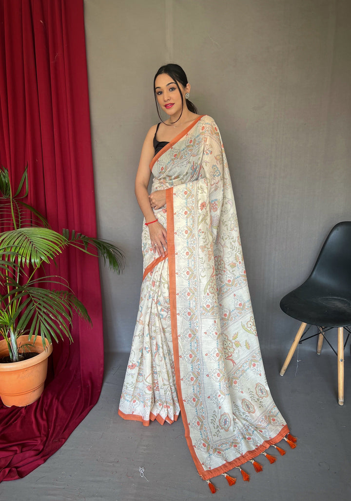 1 Min Ready to Wear Orange Cotton Katha Printed Saree