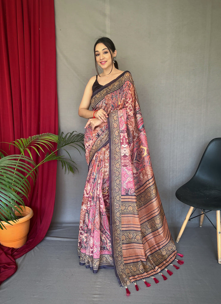 One Minute Ready to Wear Pink Brown Ajrakh Carpet Silk Cotton Printed Saree