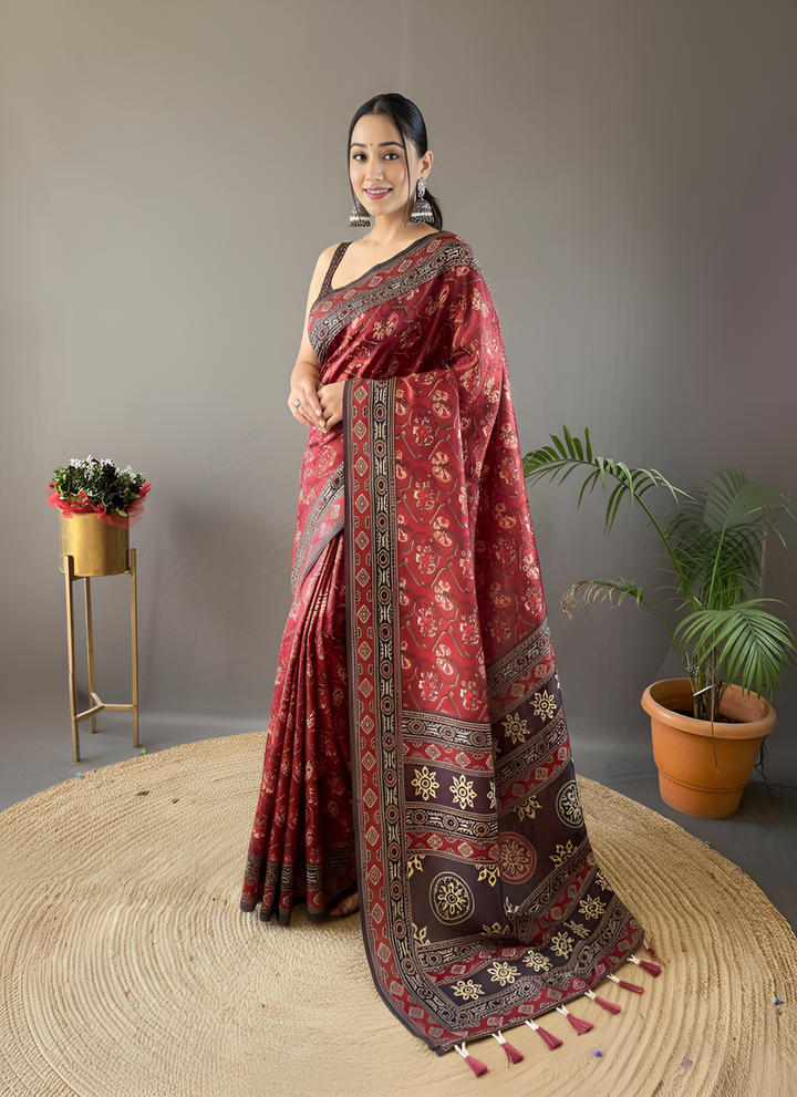 Red Krishna Ajrakh printed saree