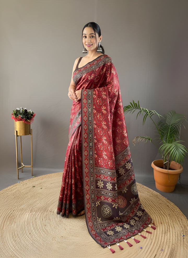 Crimson Red Kalamkari printed Saree