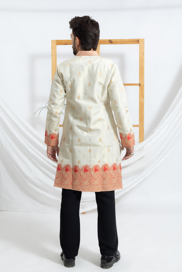 RAJSHAHI RED KERI TRADITIONAL DESIGNER INDO-KURTA