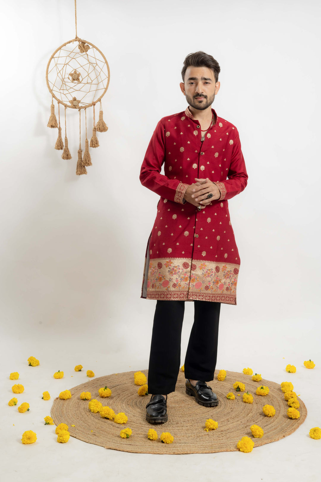 Maroon indo-western Men's Kurta with Ornate jacquard Border work