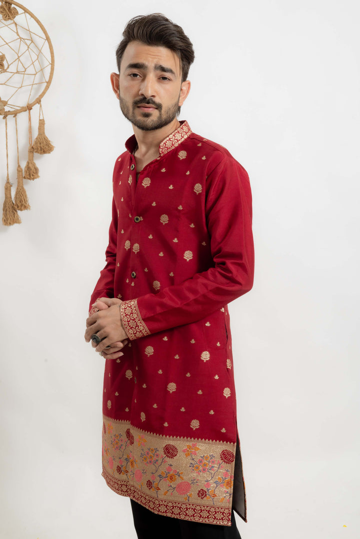 Maroon indo-western Men's Kurta with Ornate jacquard Border work