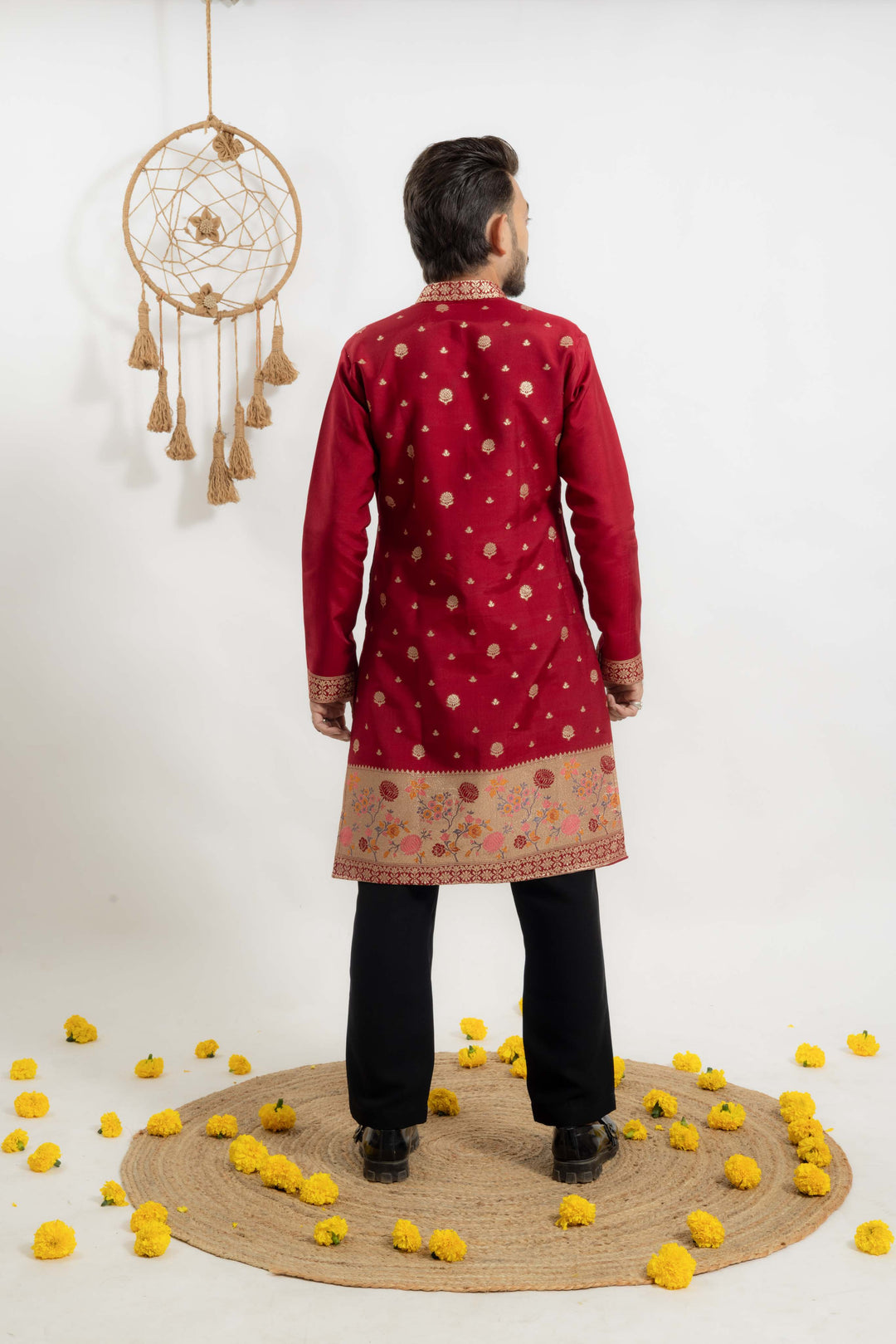 Maroon indo-western Men's Kurta with Ornate jacquard Border work