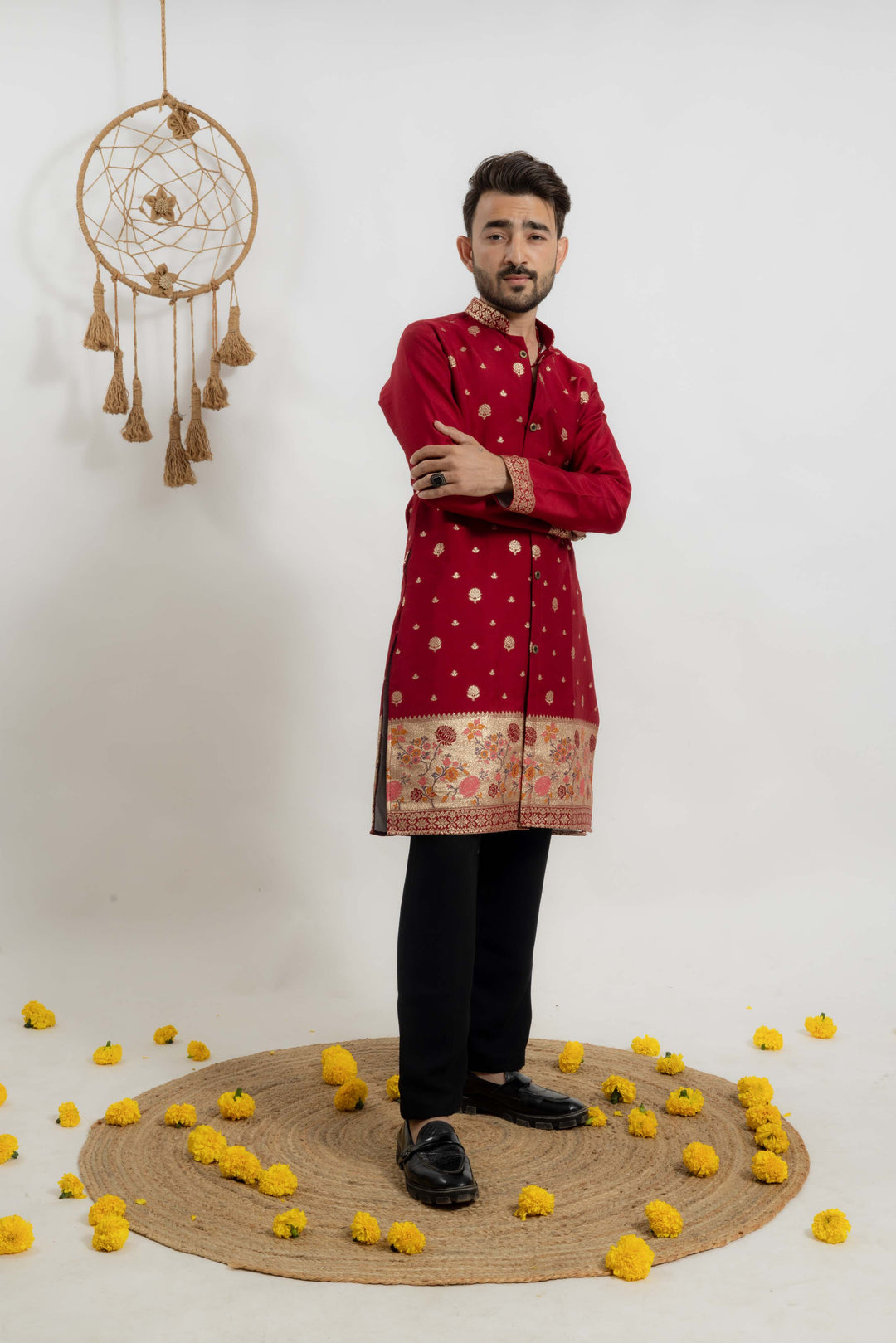 Maroon indo-western Men's Kurta with Ornate jacquard Border work