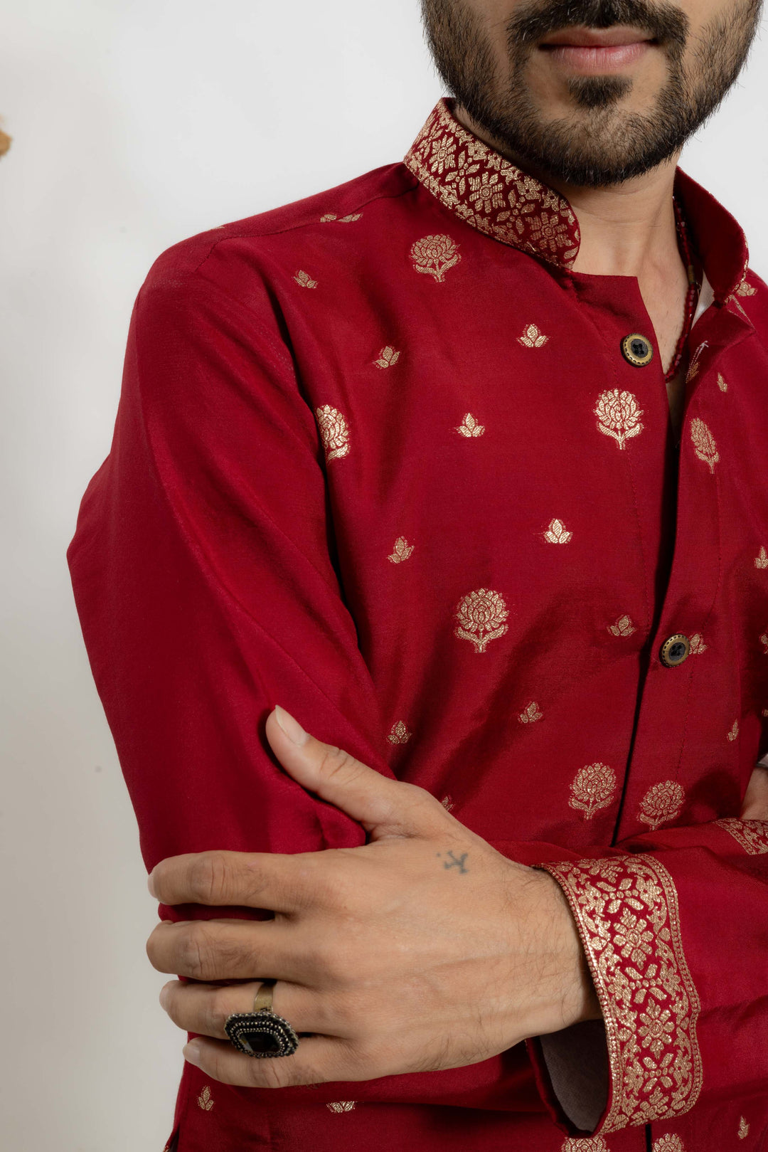 Maroon indo-western Men's Kurta with Ornate jacquard Border work