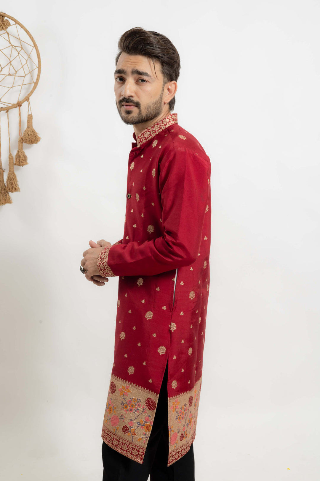 Maroon indo-western Men's Kurta with Ornate jacquard Border work