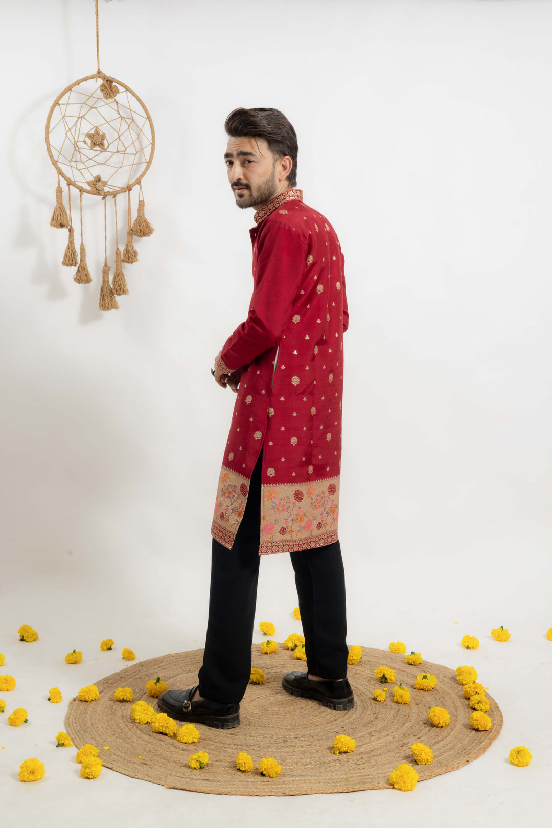 Maroon indo-western Men's Kurta with Ornate jacquard Border work