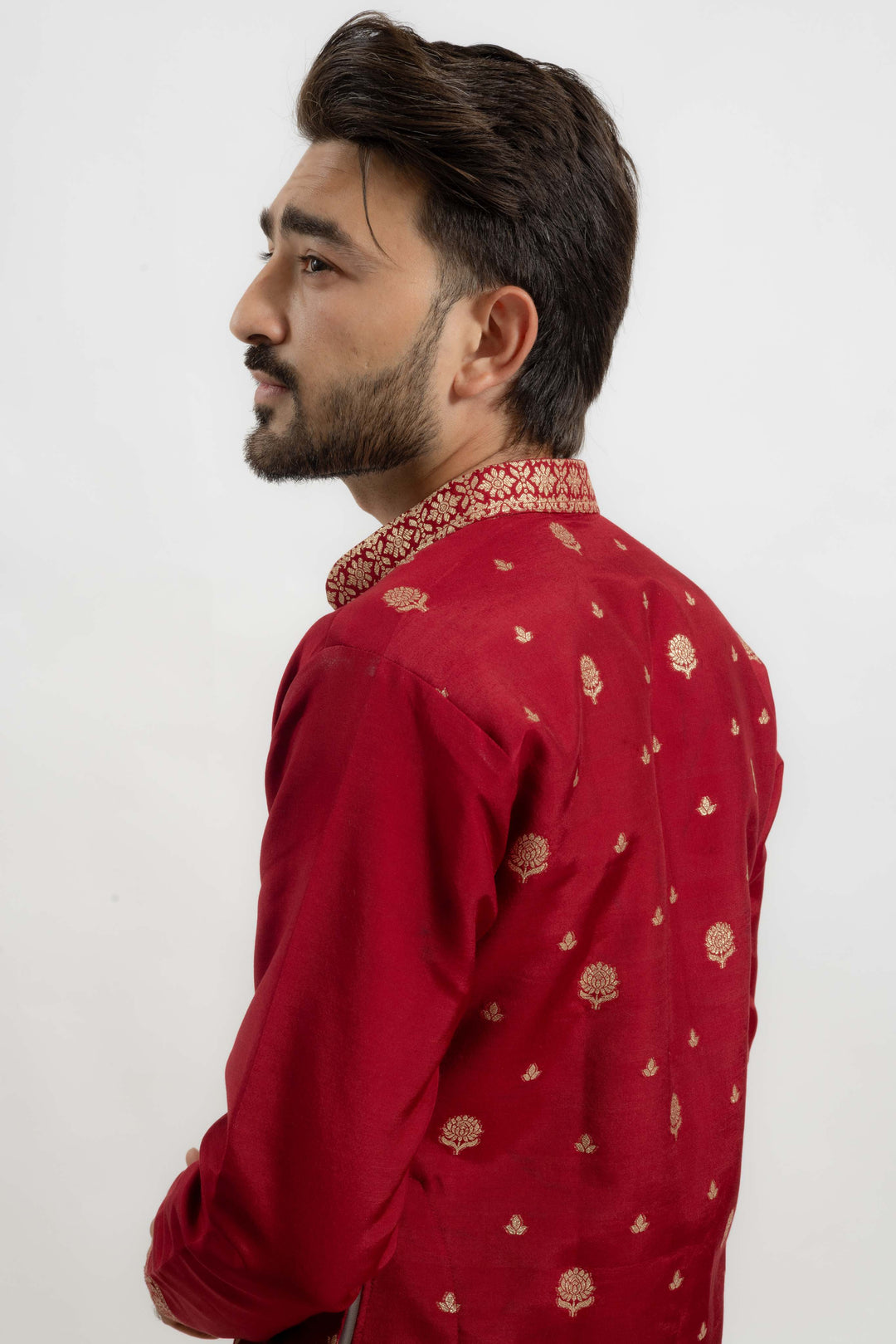 Maroon indo-western Men's Kurta with Ornate jacquard Border work