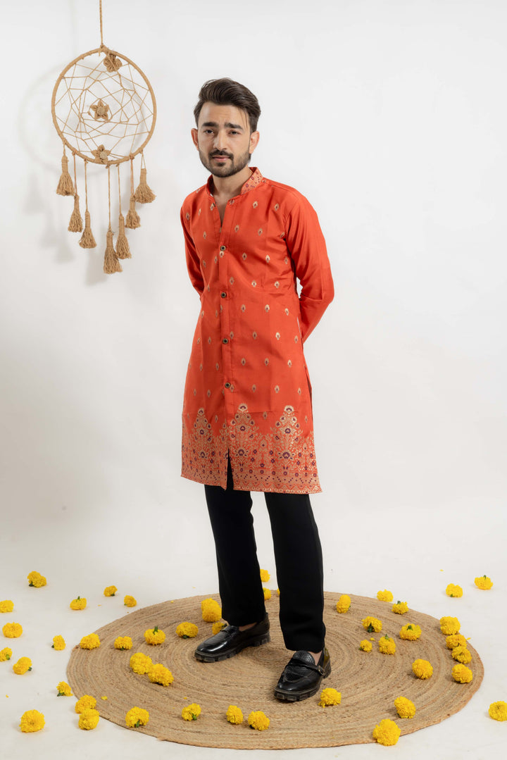 orange indo-western Men's Kurta with Ornate Border Jacquard work